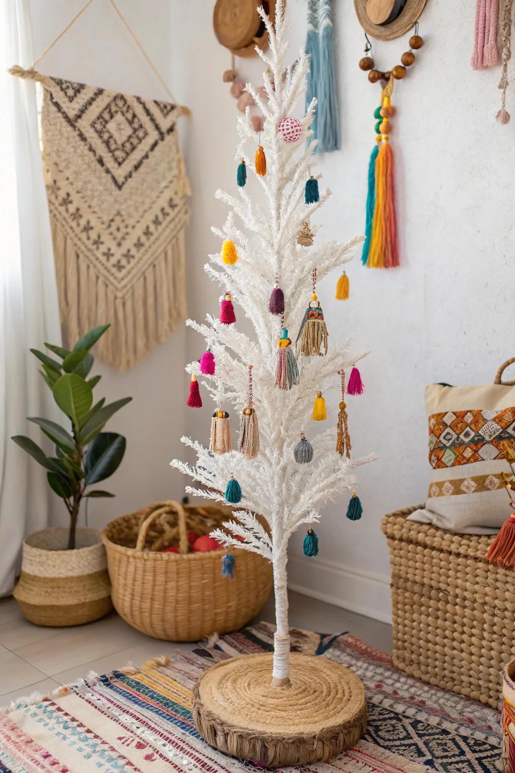 A boho chic white pencil tree with macramé and tassels.