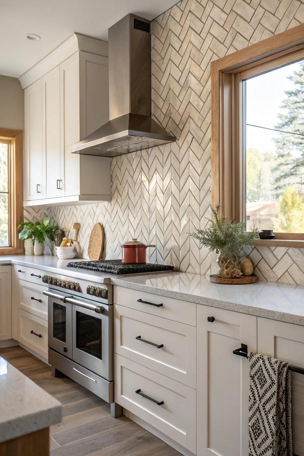 Herringbone pattern quartz backsplash adding movement to the kitchen.