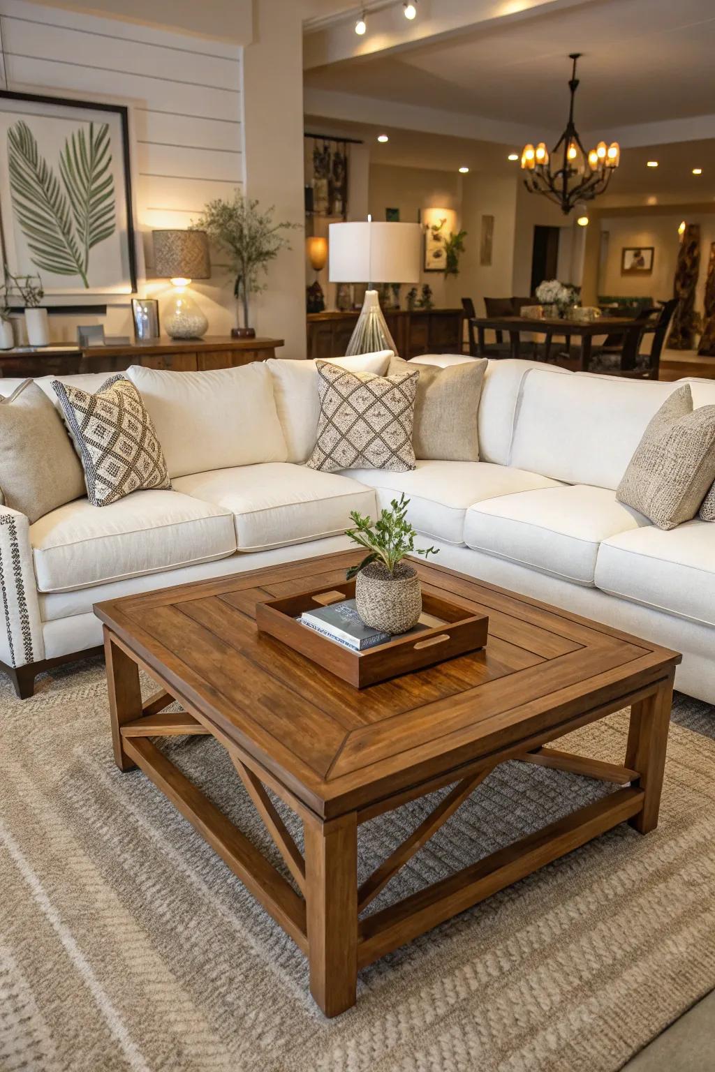 A wooden coffee table adds charm to a living room with a white sectional.