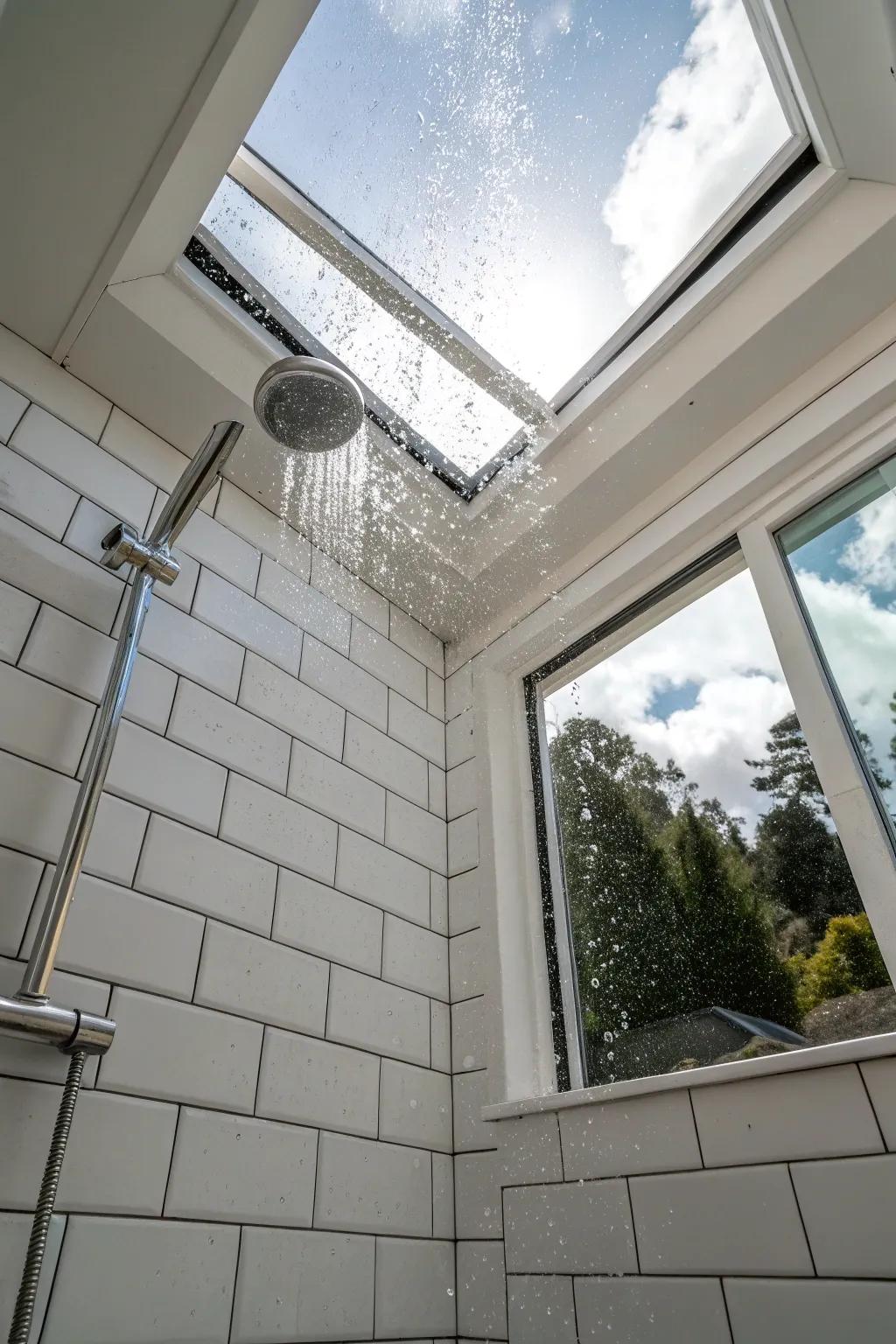 A white shower beautifully illuminated by natural light.