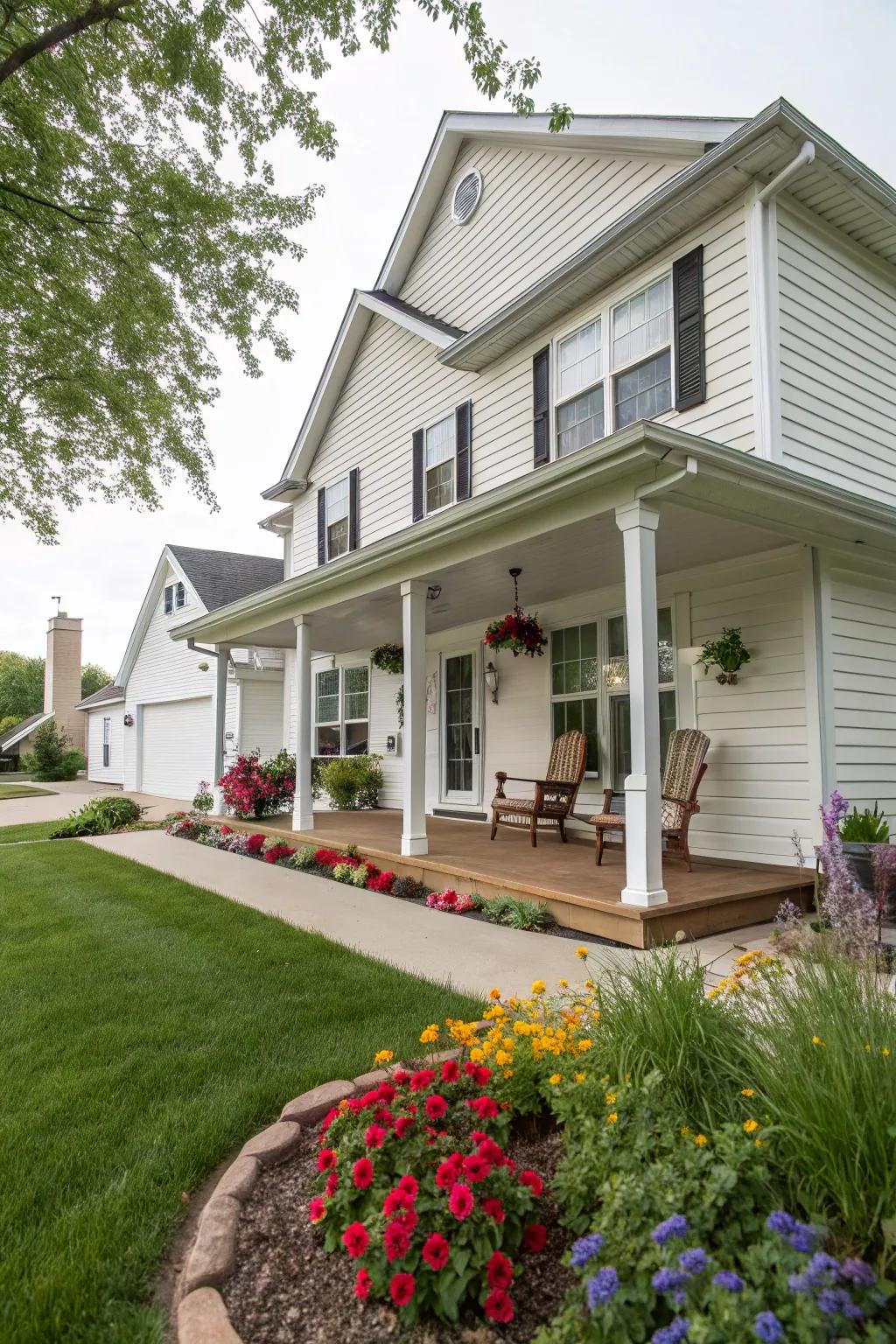 A welcoming porch on a house with white vinyl siding.