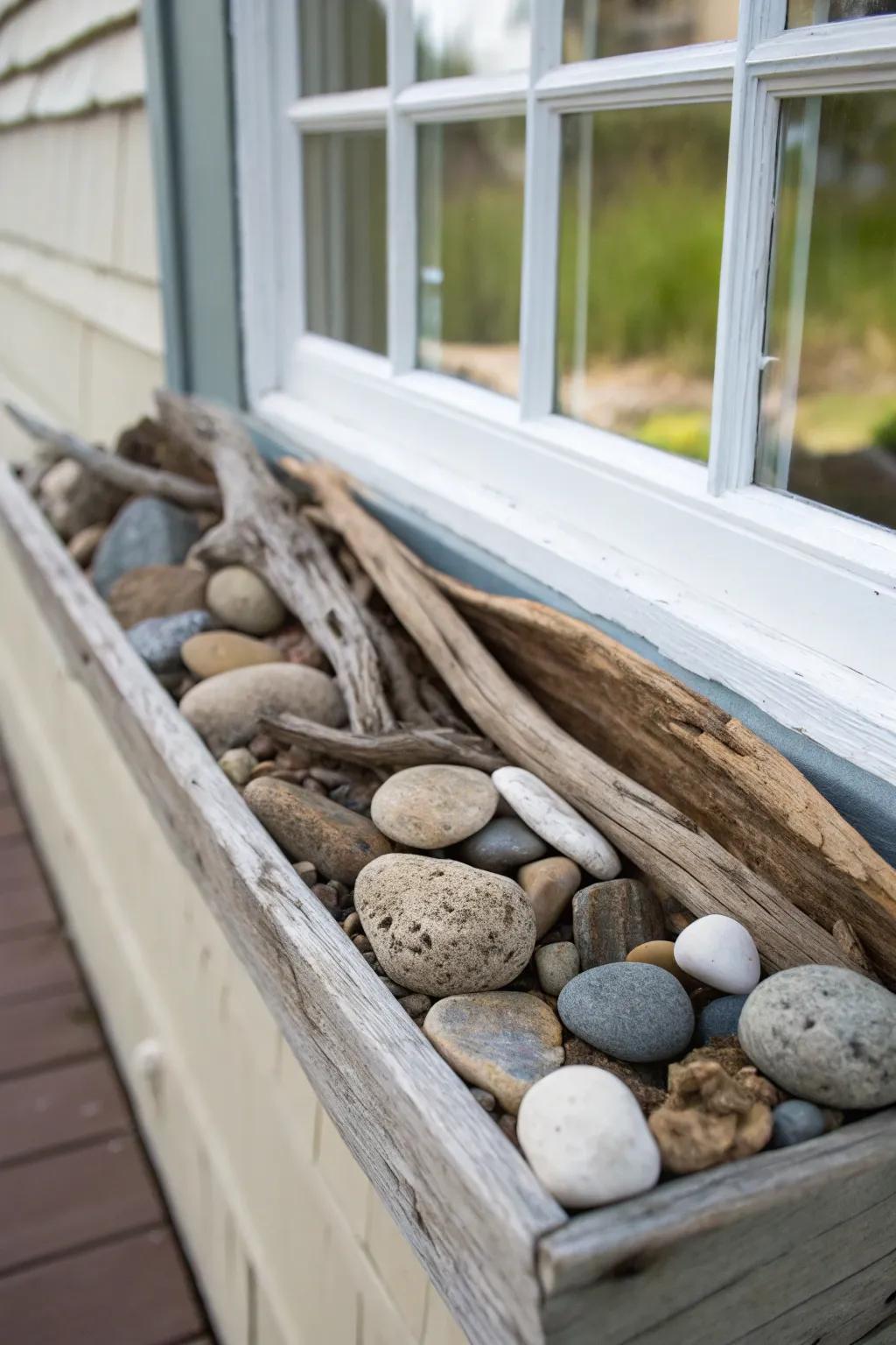 Nature's art with driftwood and stones in a window box