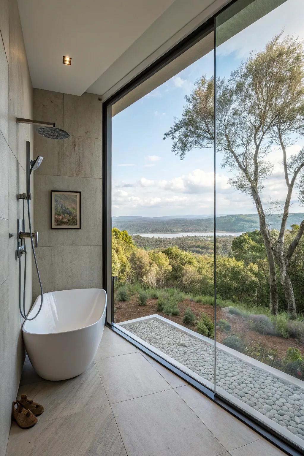 A picture window provides a breathtaking view from the shower.