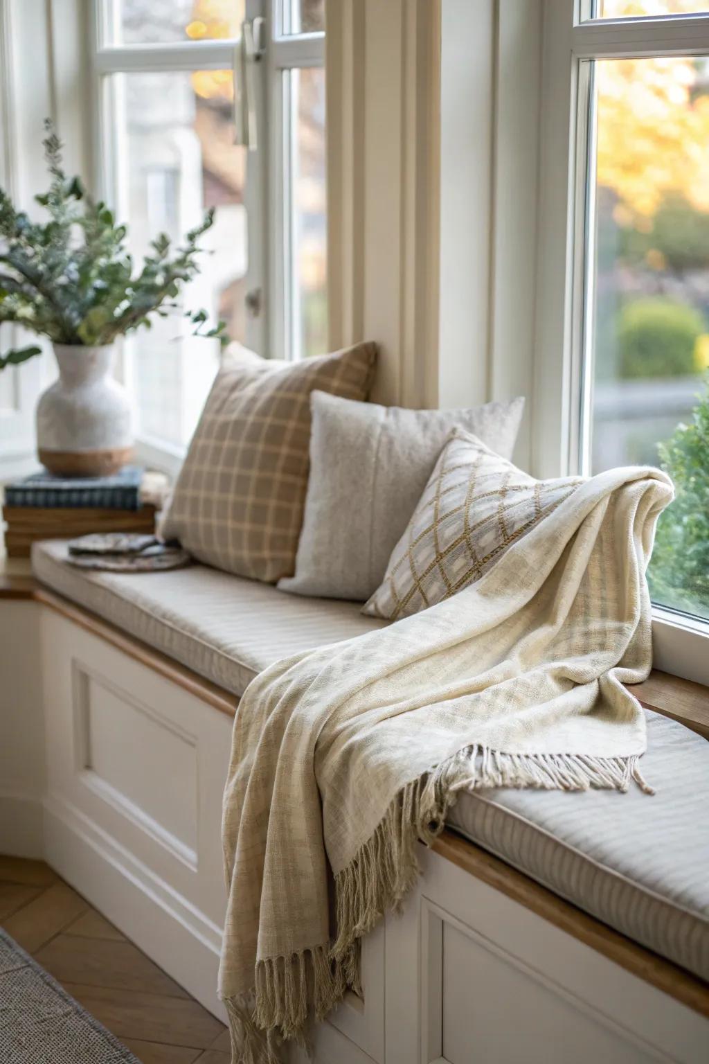 A window sill transformed into a cozy seating area.