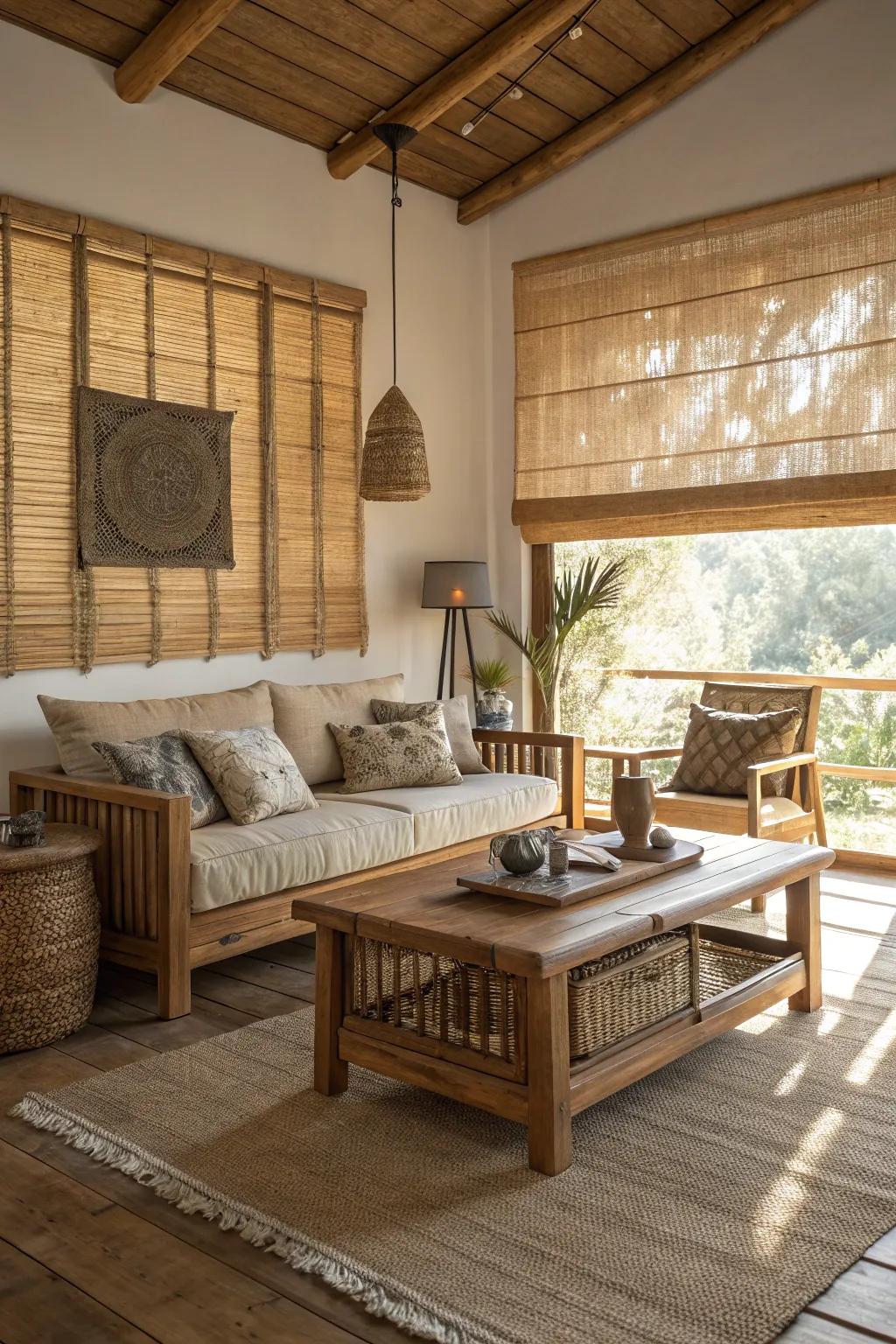 Create warmth with window treatments made from natural materials.