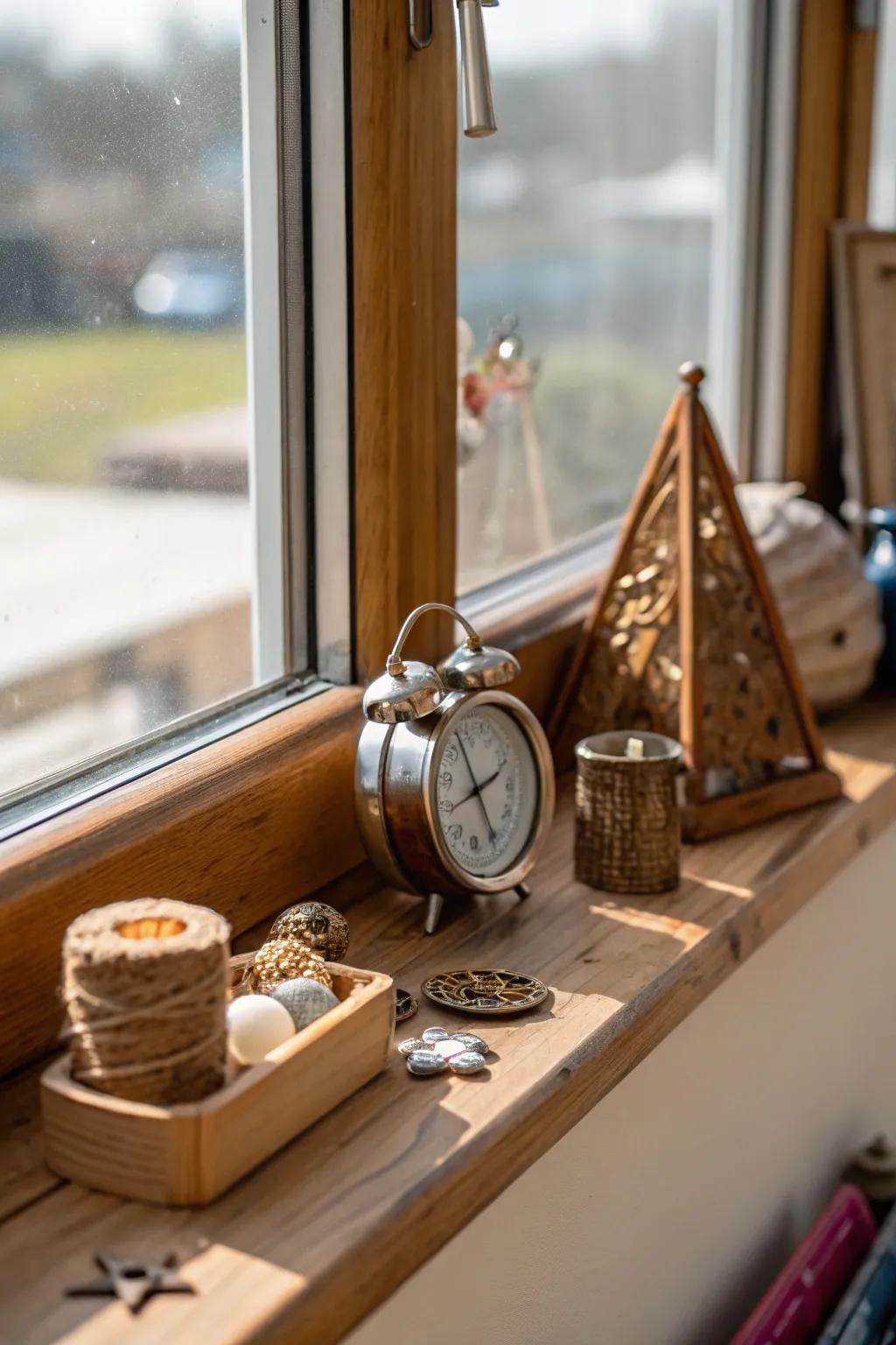 Layered textures create depth and interest on the windowsill.