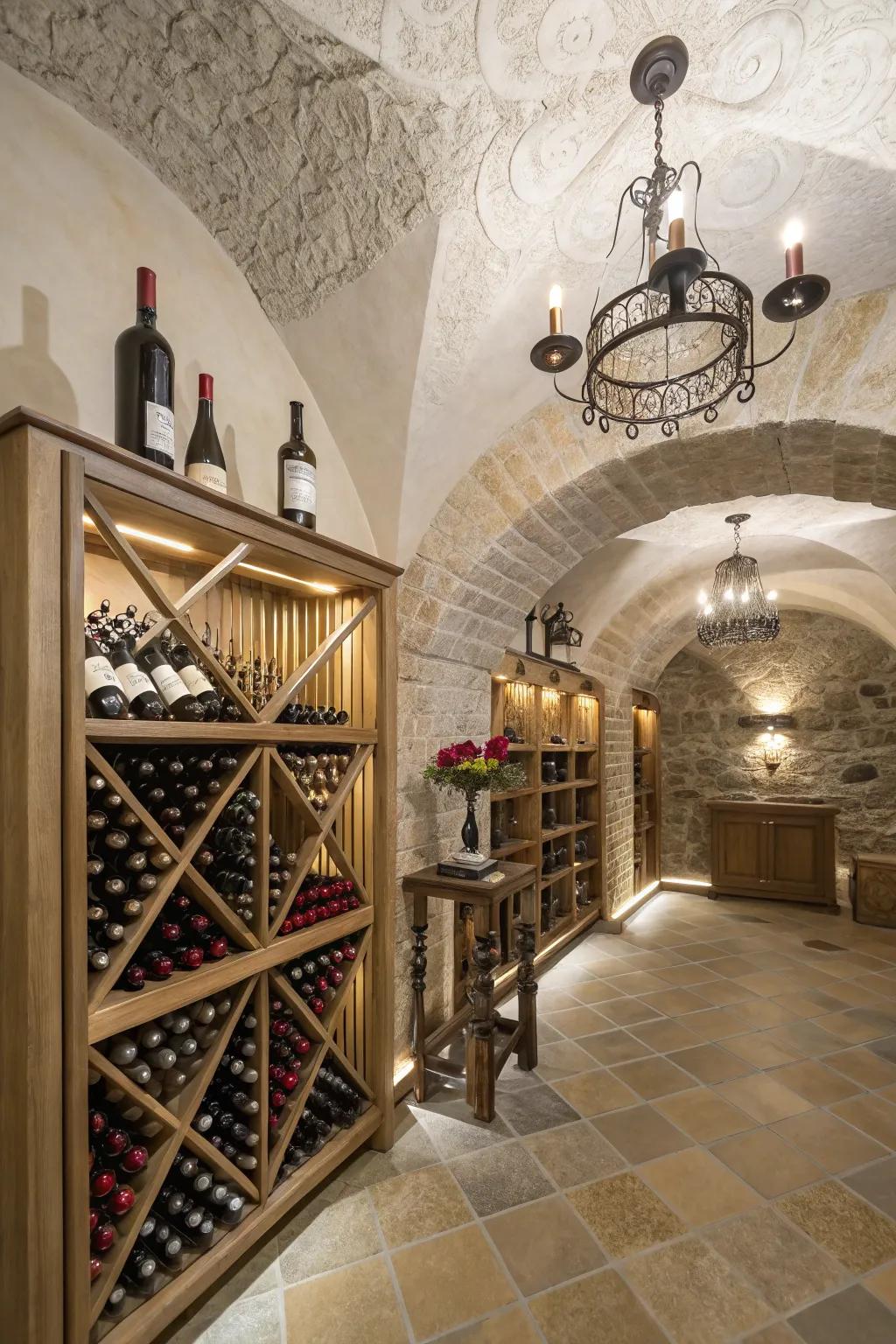 Wine cellar enhanced with artistic decor elements.