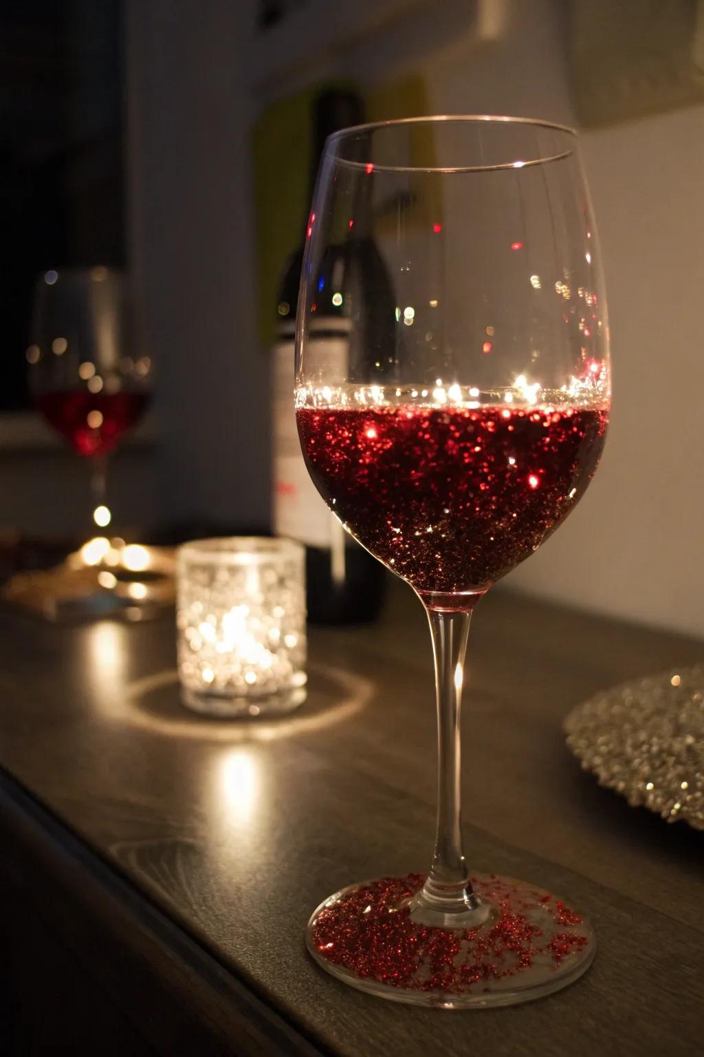 Glitter accents turn wine glasses into festive showpieces.