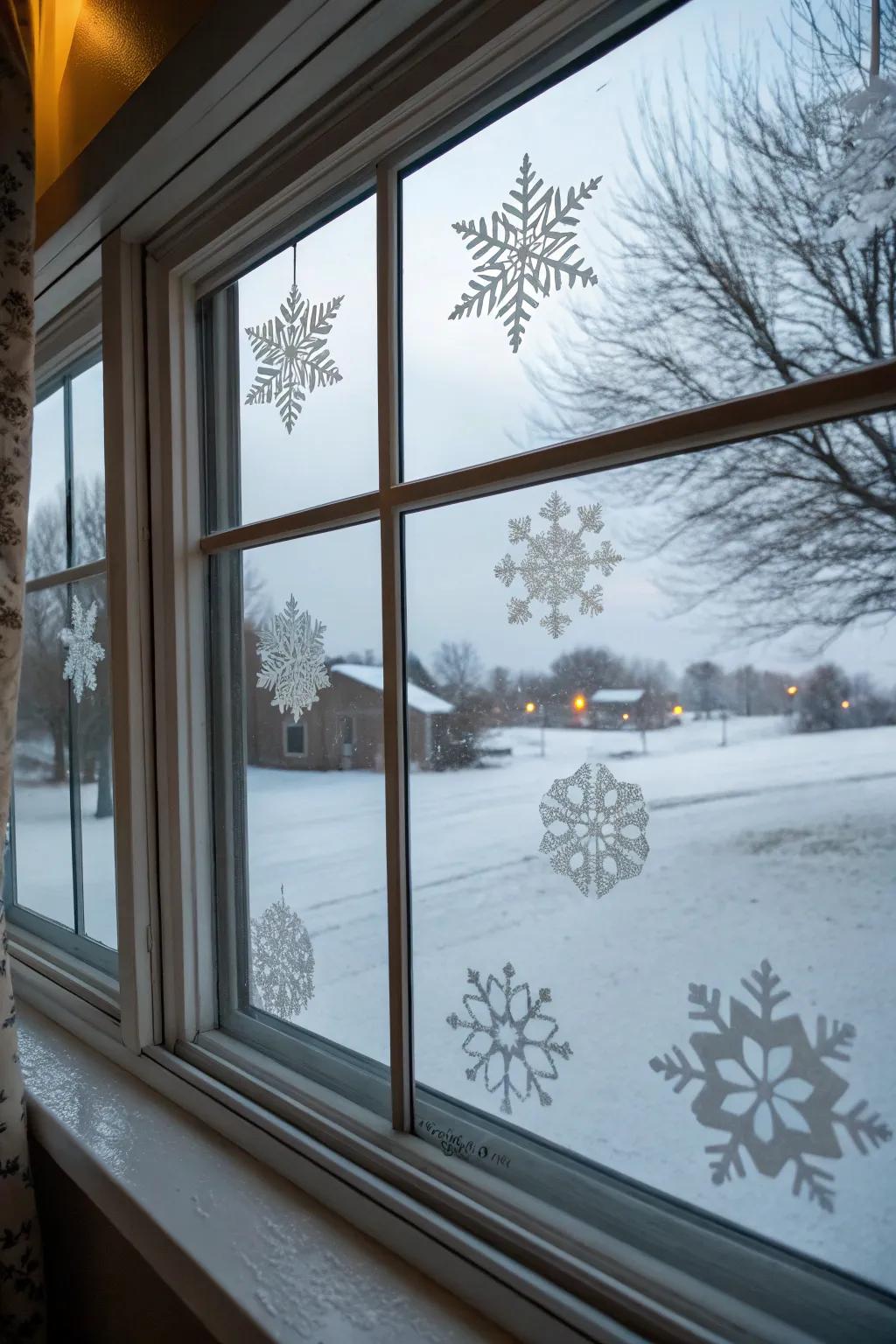 Snowflake window clings bring the beauty of winter indoors.