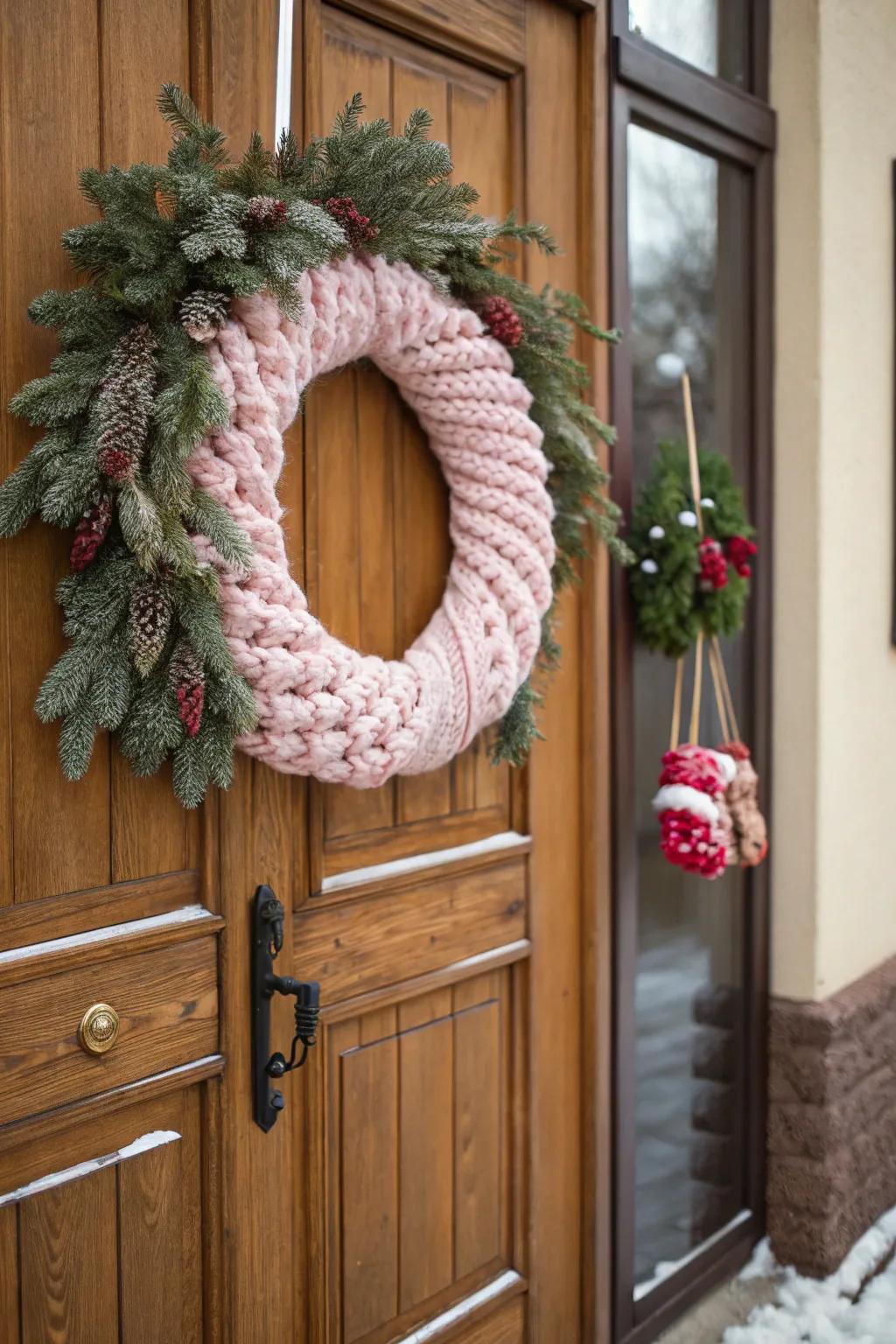 A knitted yarn wreath invites warmth and charm to any entryway.