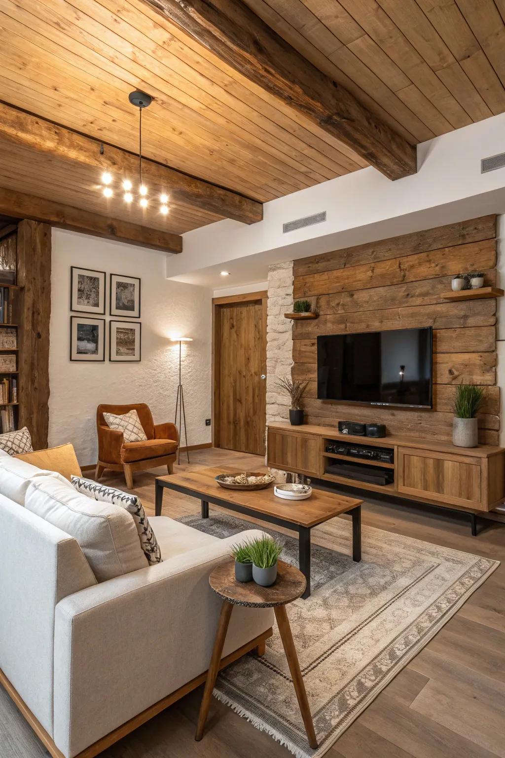 A living room showcasing a modern and rustic fusion accent wall.