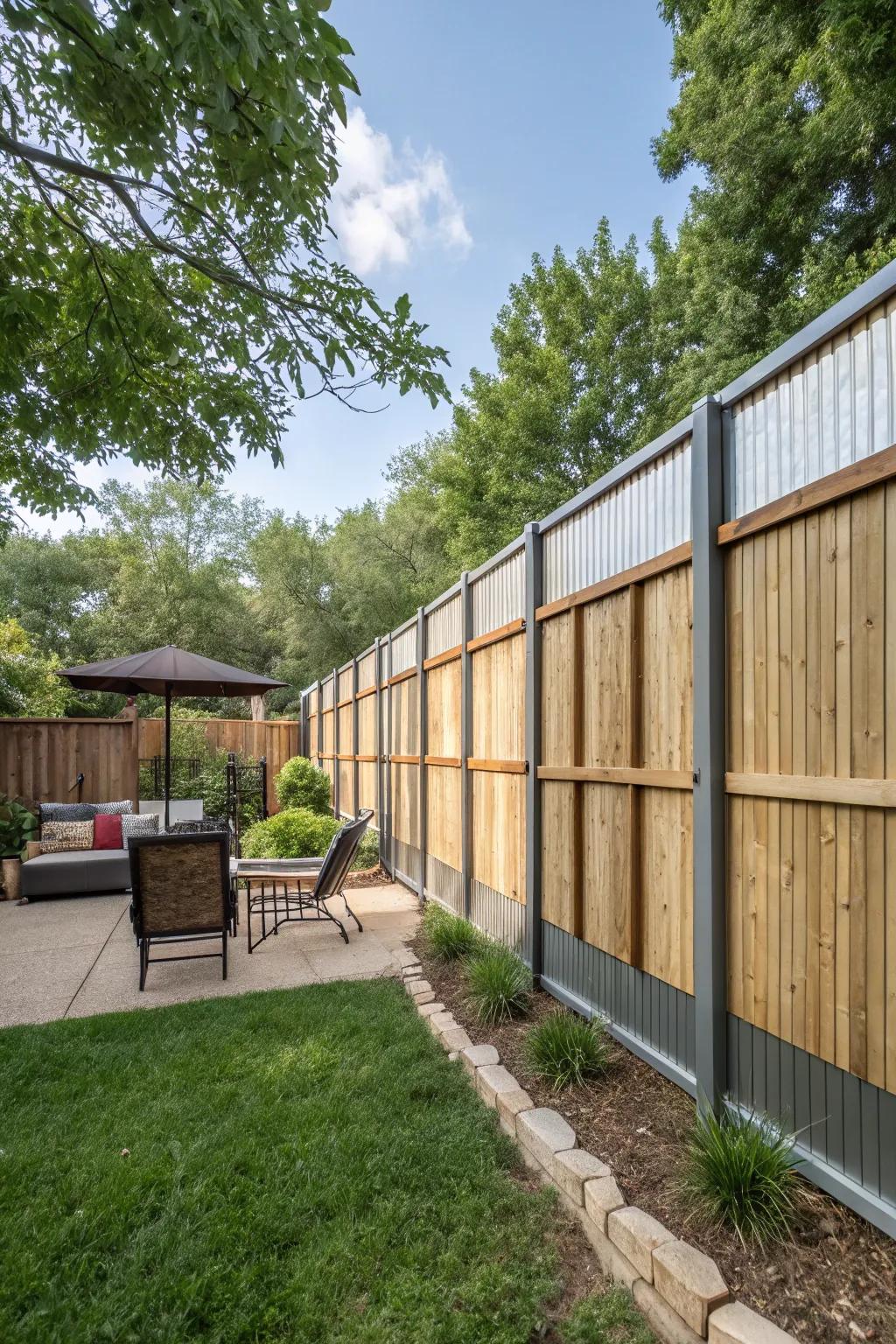 A privacy fence with a creative twist of alternating wood and metal panels.