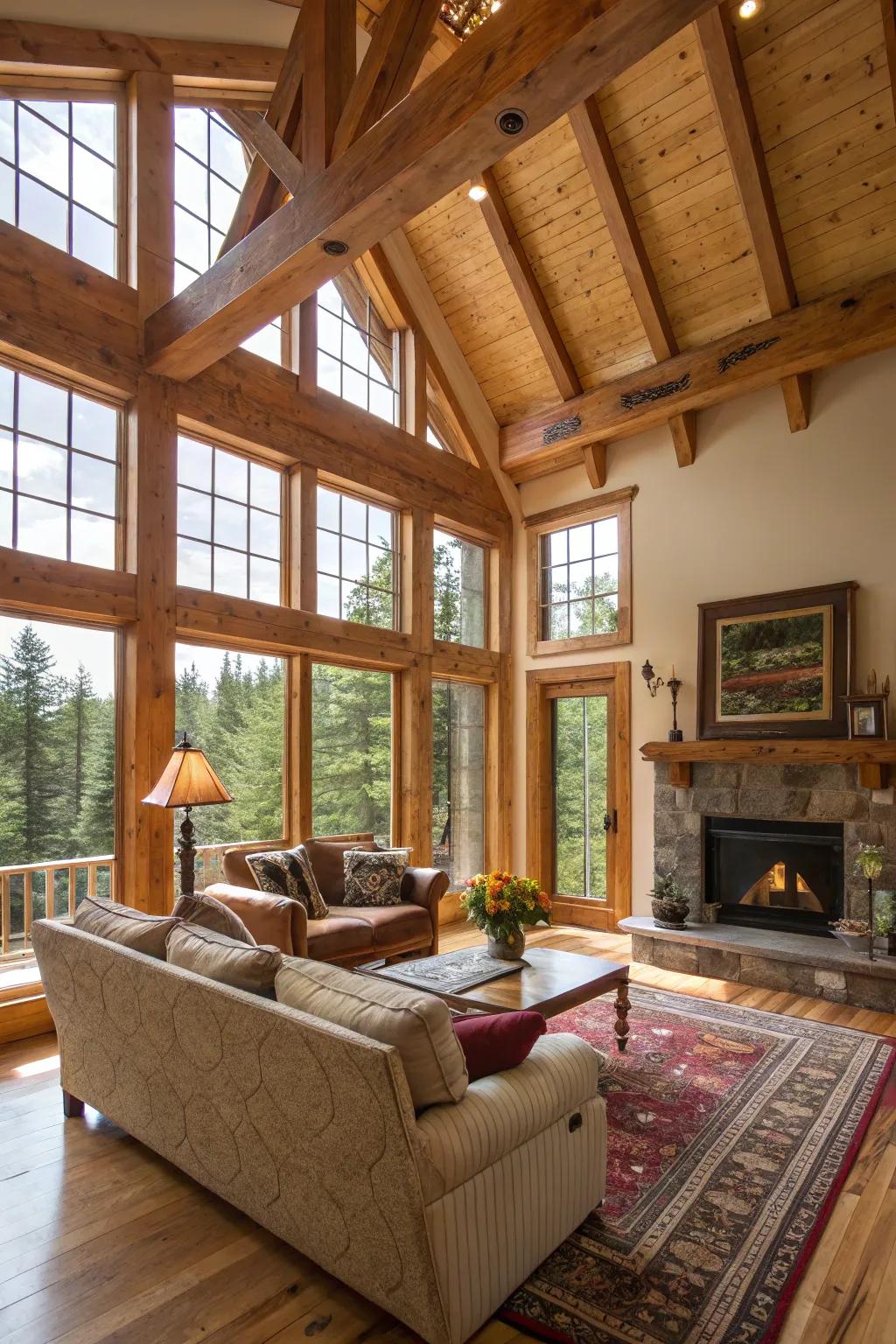 Bright and airy living room with wood beams and large windows.