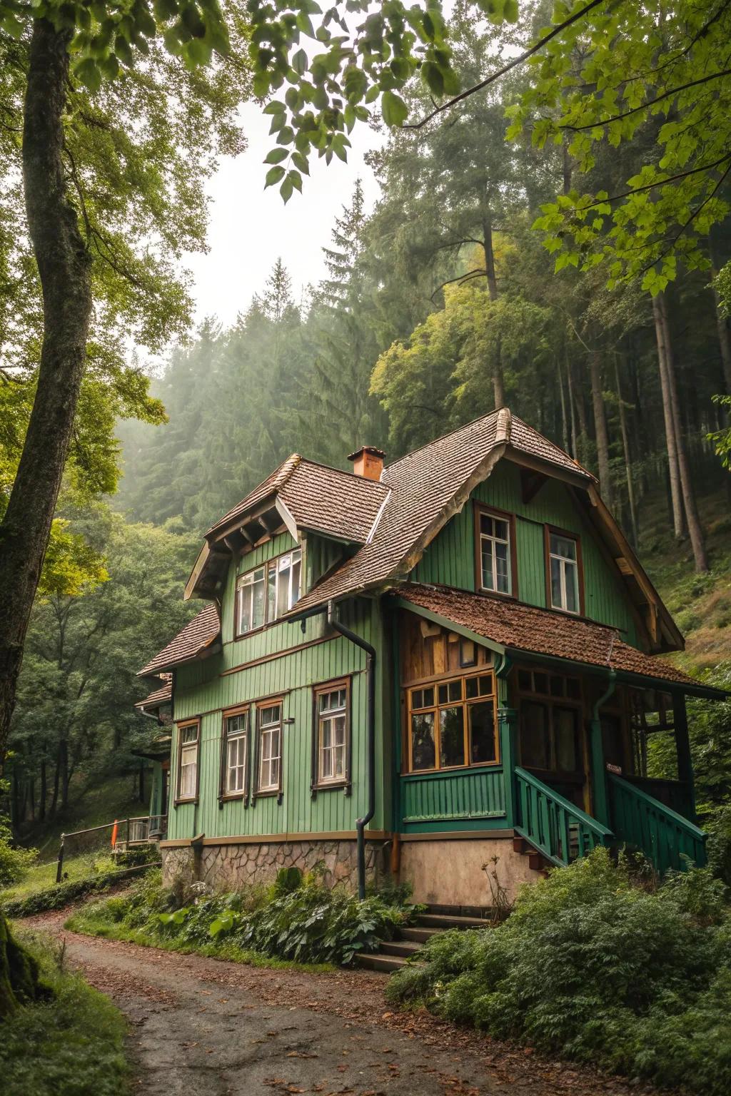 A wooden house that blends seamlessly with its forest surroundings using complementary natural colors.