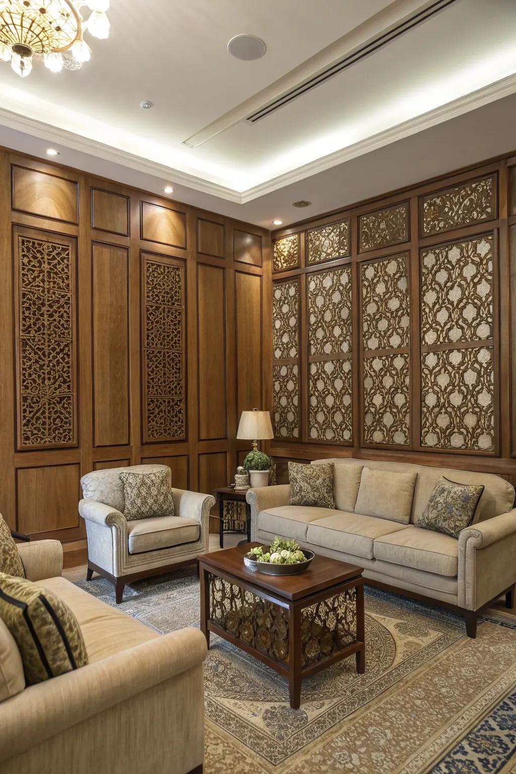 A living room with wooden wall panels adding depth and warmth.