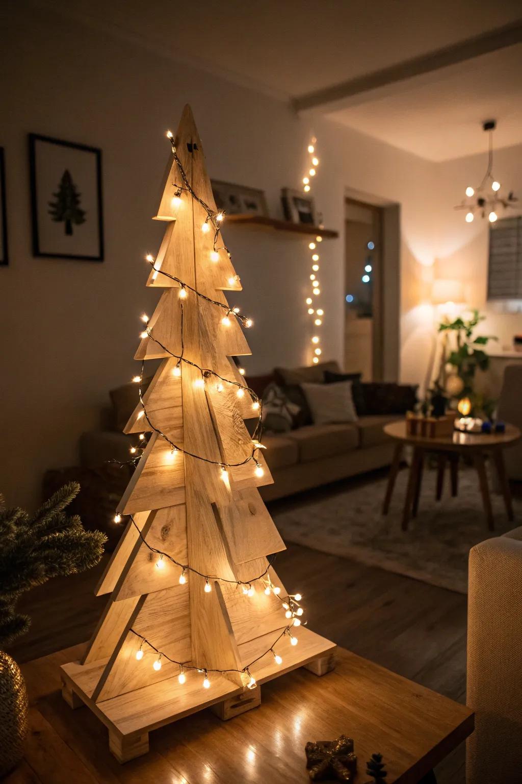 Warm lights enhance the cozy feel of a wooden tree.