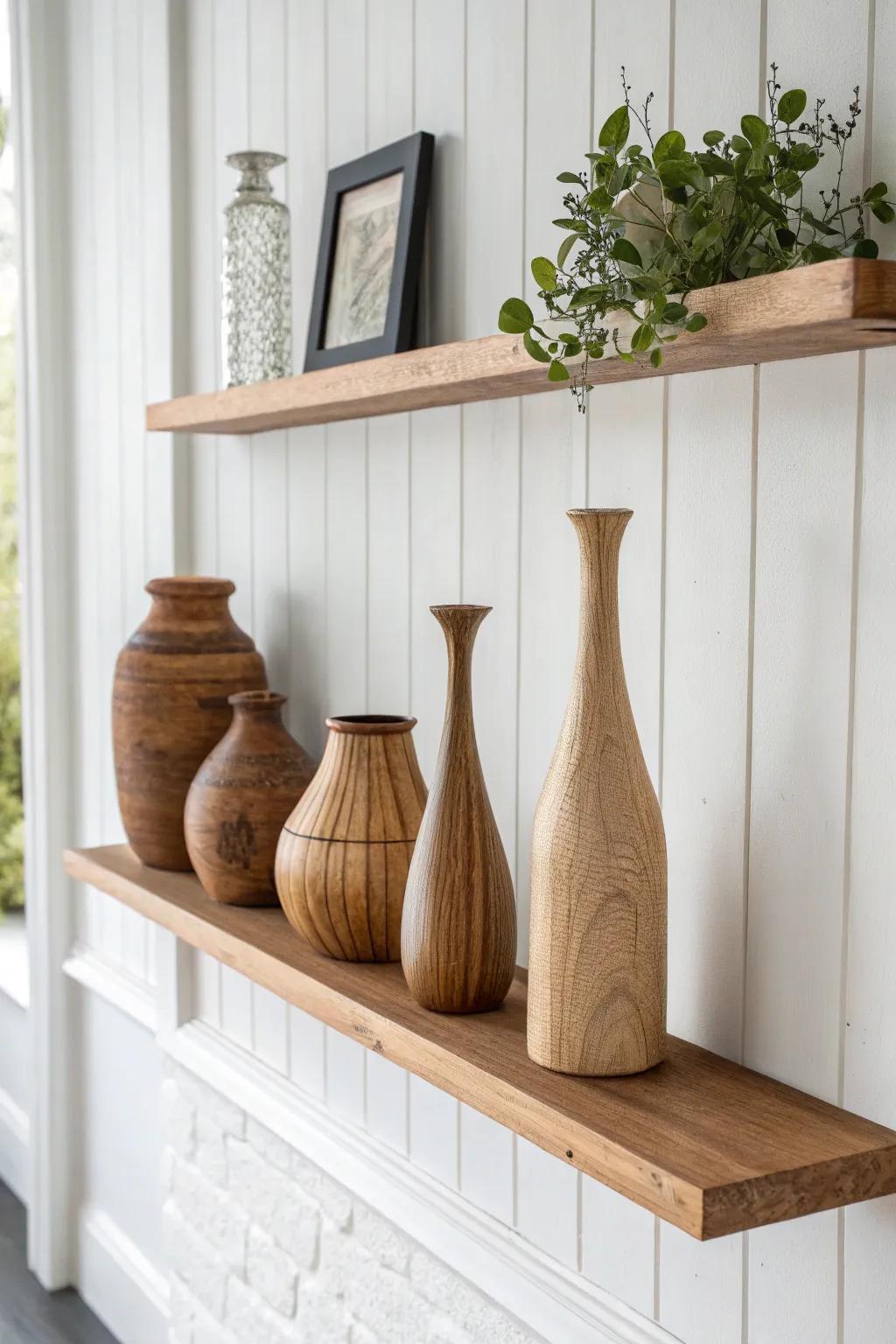 Create a striking display with wooden vases on a floating shelf.