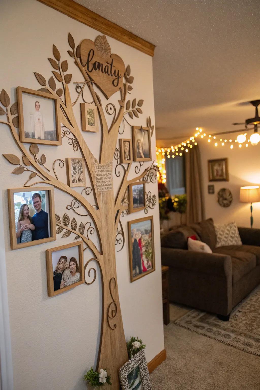 A wooden family tree art piece that celebrates family heritage.