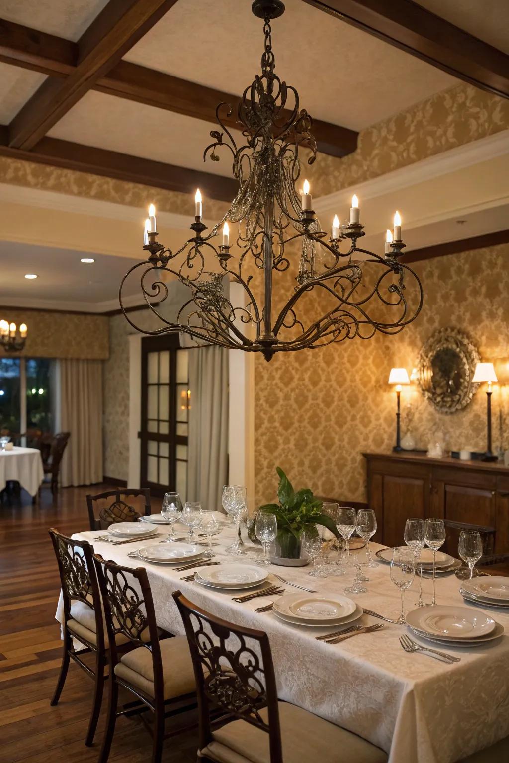 A wrought iron chandelier creates a dramatic focal point.