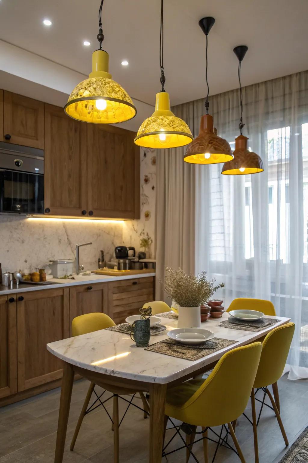 Yellow pendant lights bring warmth and style to the kitchen space.