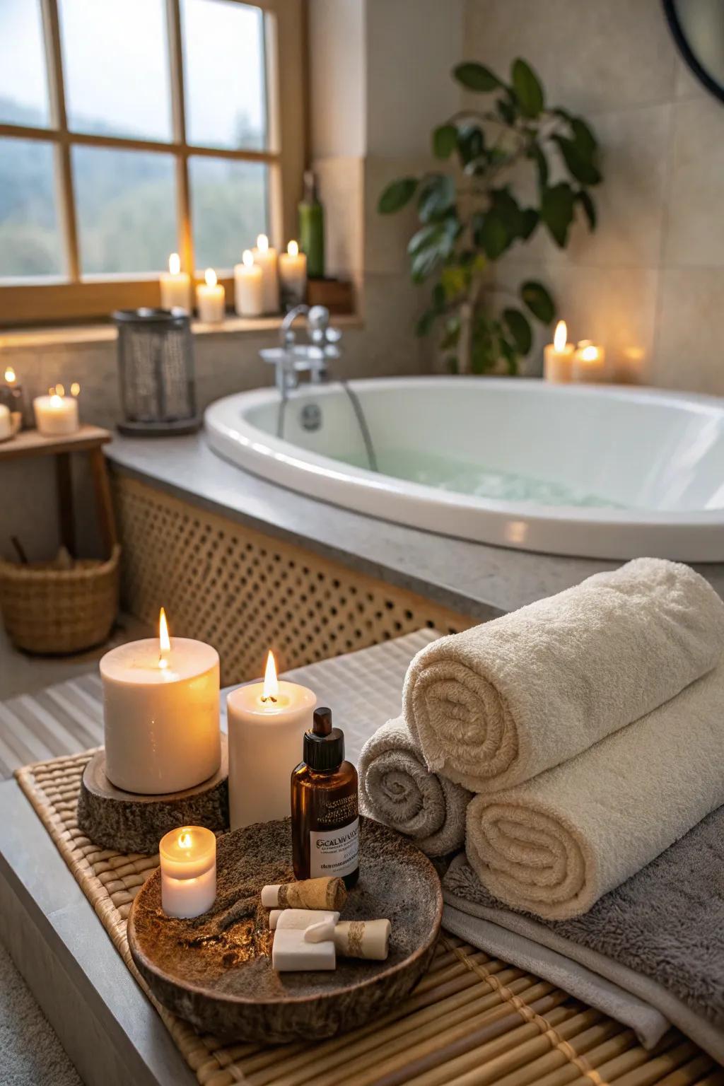 Spa-like accessories enhance the relaxation experience in a zen bathroom.