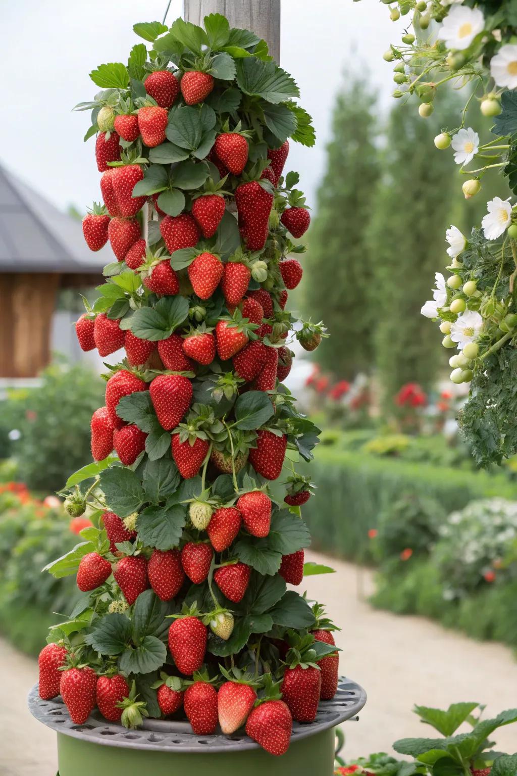 A strawberry tower providing vertical gardening bliss.