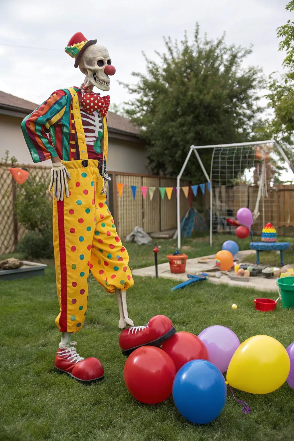 A clown-themed skeleton adds humor to Halloween.