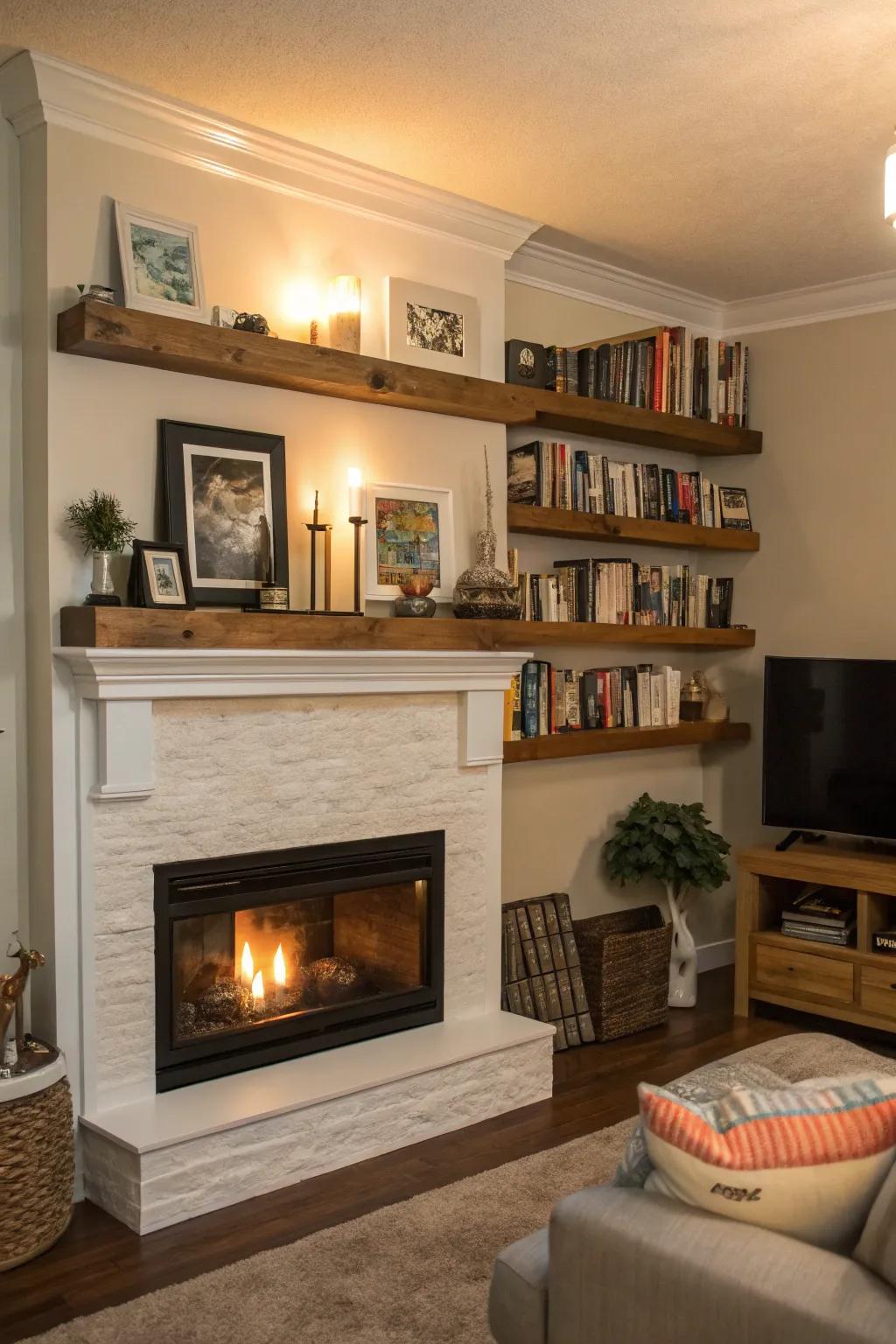 Floating shelves provide a versatile and personal display above the fireplace.