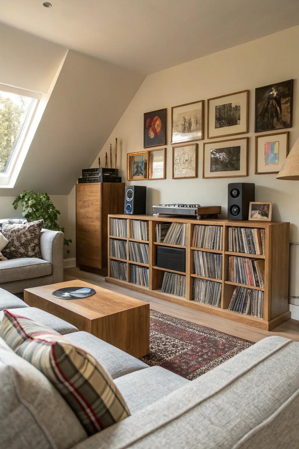 Album storage seamlessly integrated into a living room setup.