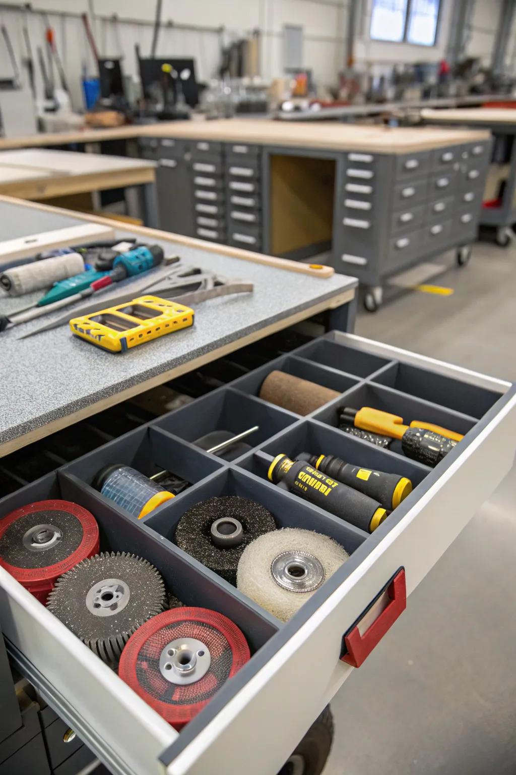 Neat drawer dividers for organizing angle grinder discs and accessories.