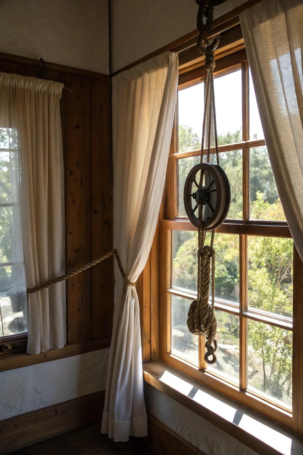 A creative curtain solution using vintage pulleys.