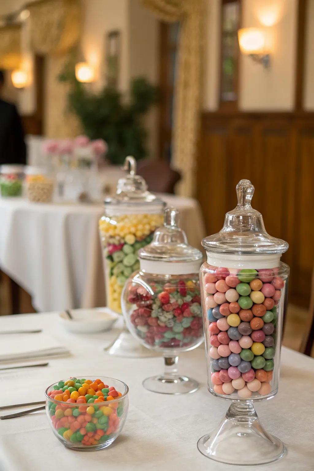 Sweet treats in apothecary jars make for delightful decor.