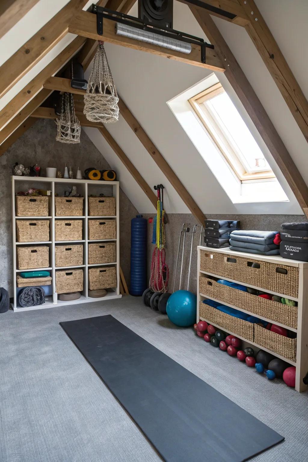 Innovative use of attic angles for stylish storage.