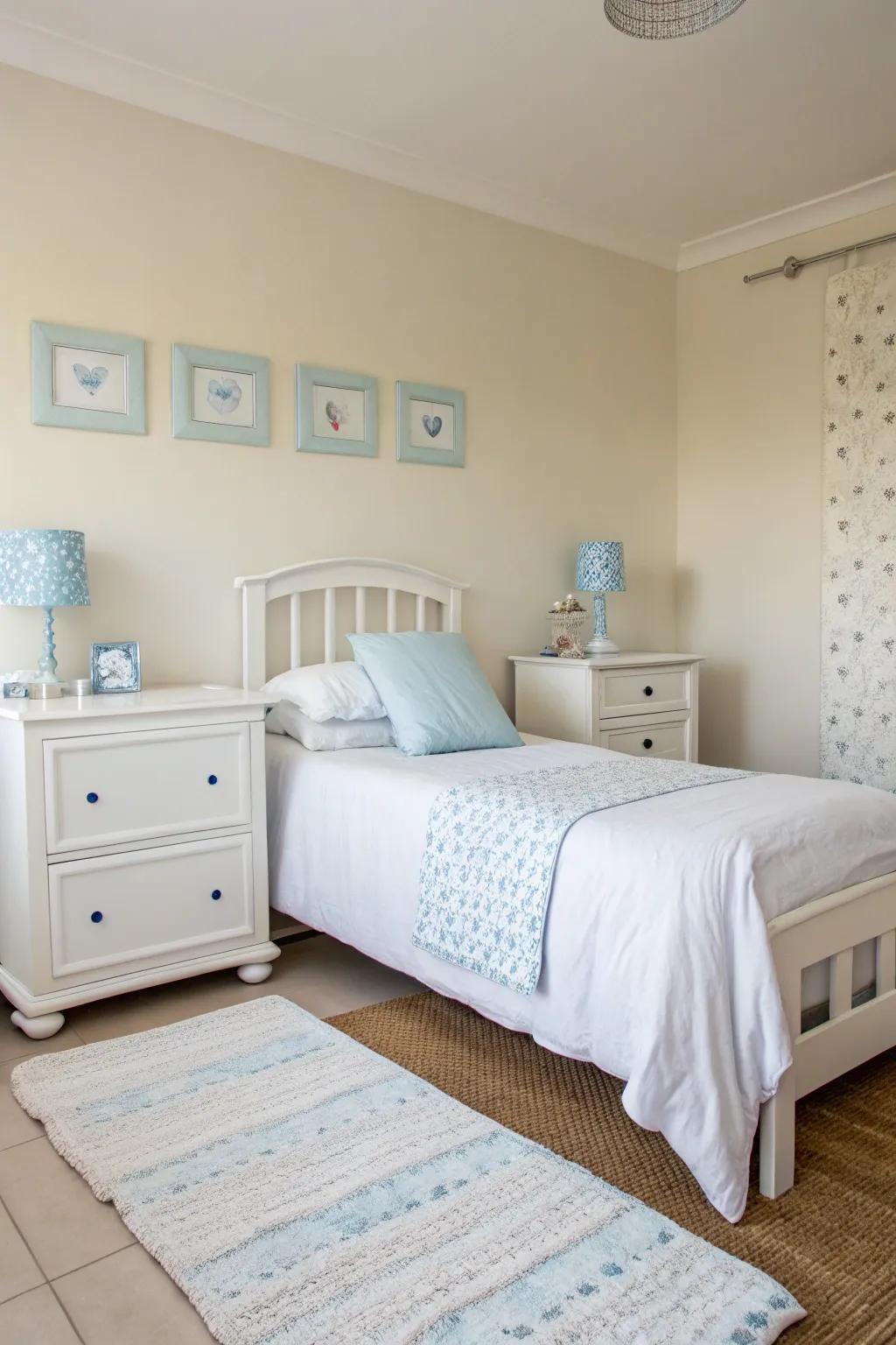 Modern minimalism meets tranquility in a baby blue-themed bedroom.