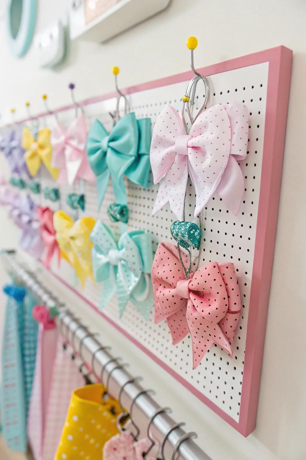 A playful and functional pegboard for baby bow storage.