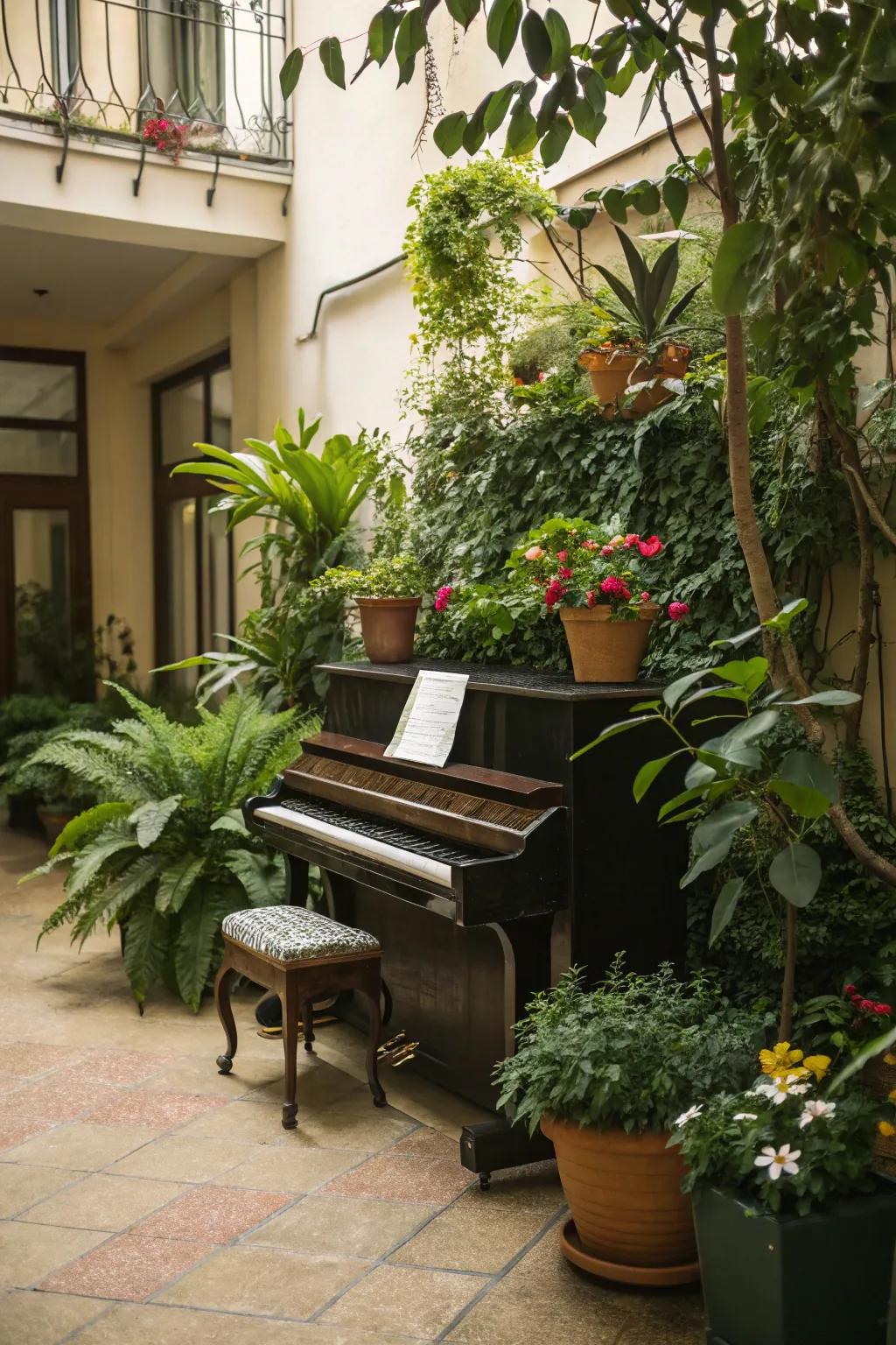 Greenery adds a refreshing touch to the piano area.