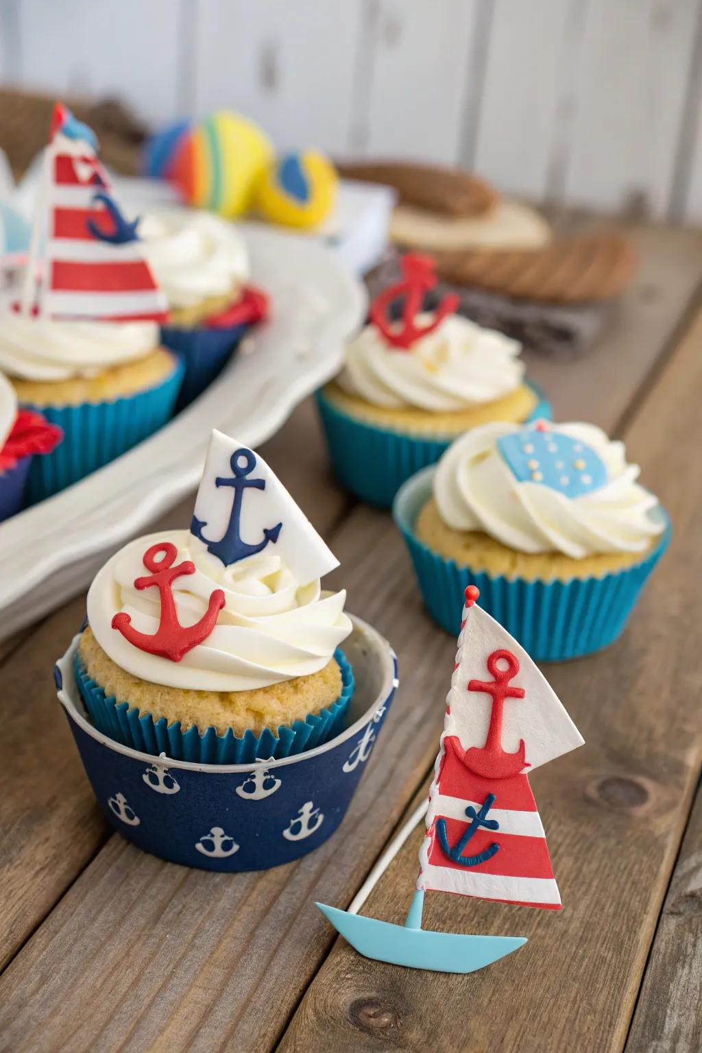 Nautical-themed cupcakes set the scene for a maritime celebration.