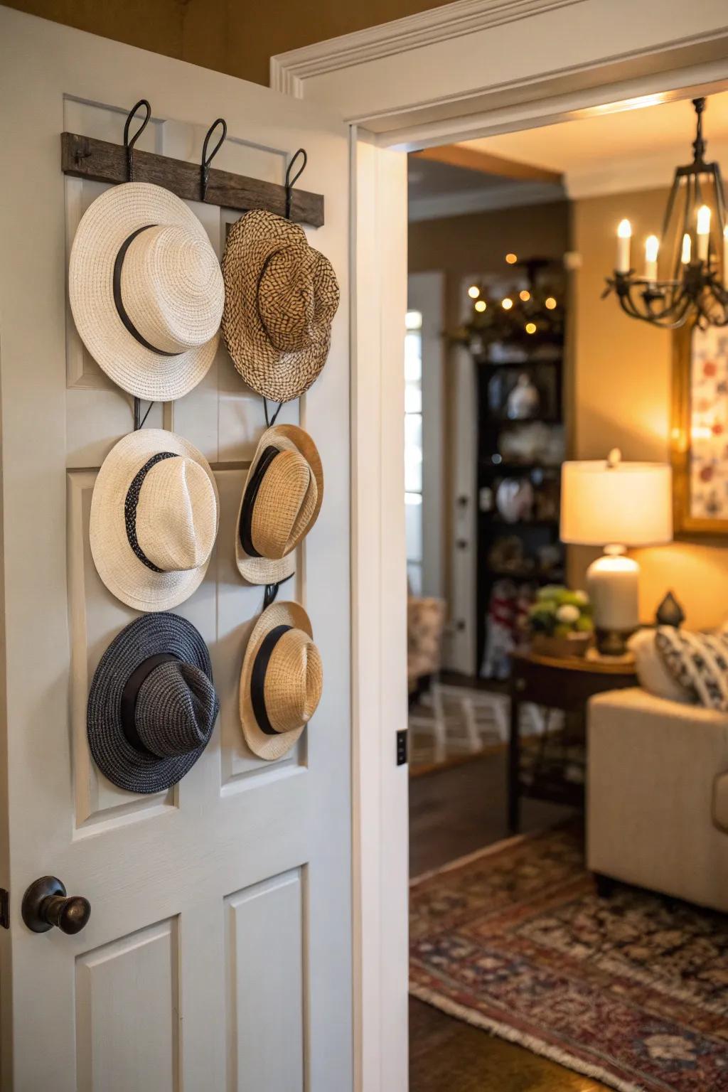 Showcase your hat collection with a creative display on the back of your door.