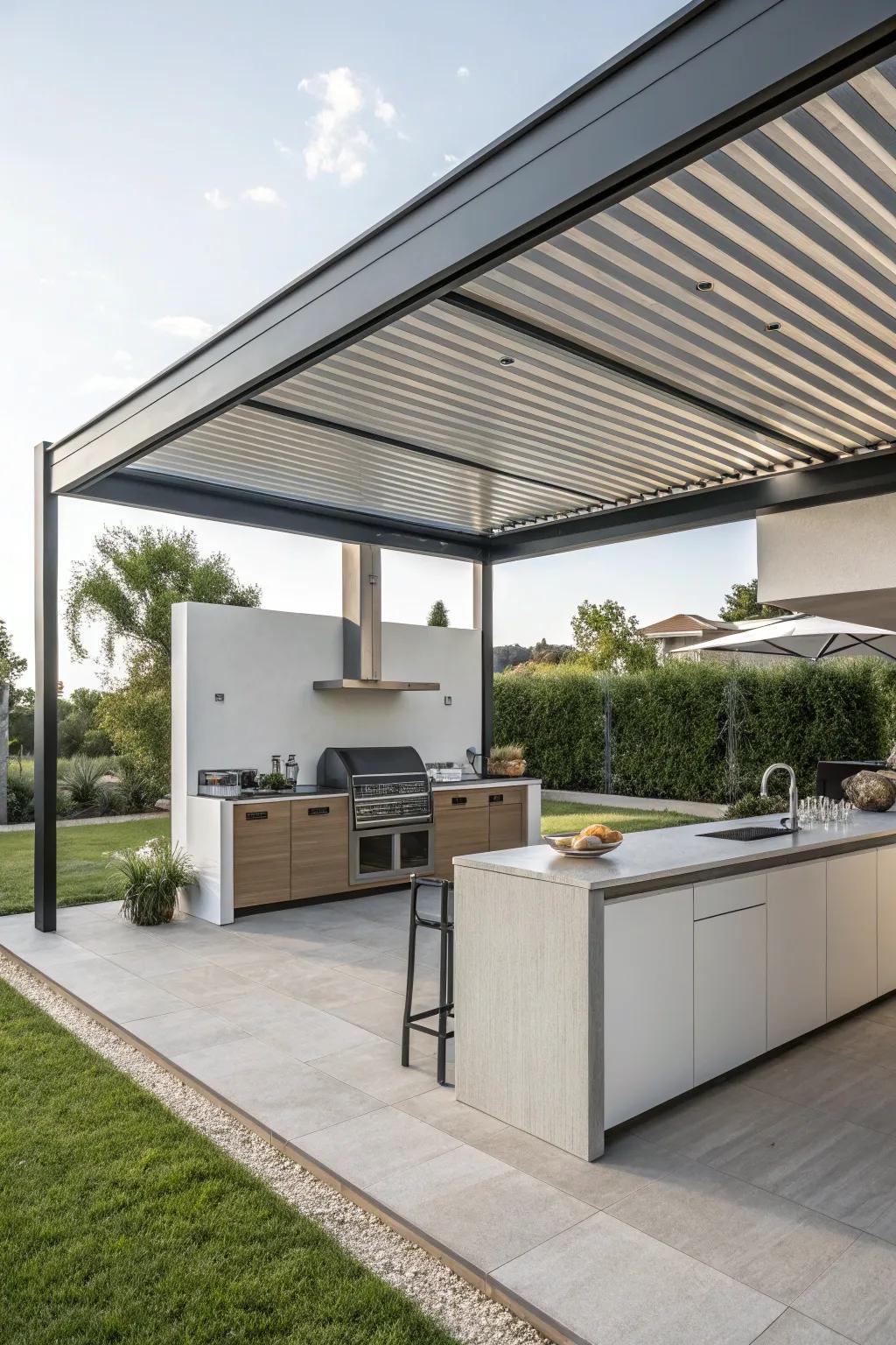 A metal canopy provides a minimalist and modern shelter for your outdoor kitchen.