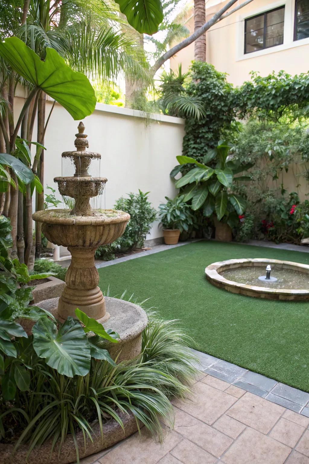 Artificial turf provides a lush, green carpet for your patio year-round.