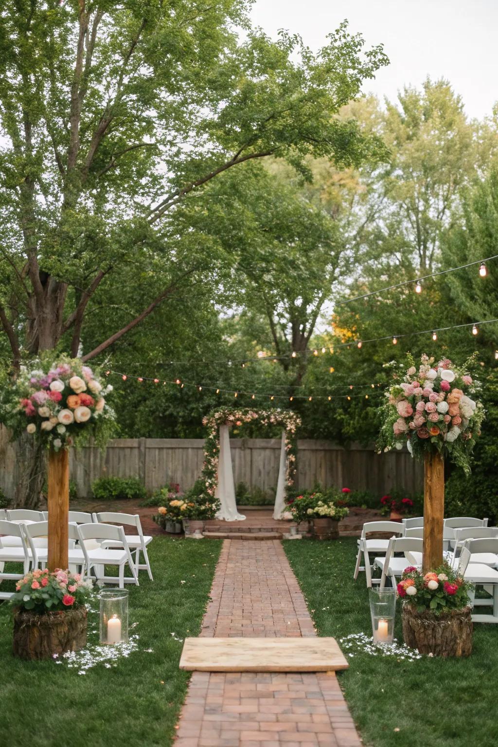 Nature-inspired decor enhances the natural beauty of a backyard wedding.