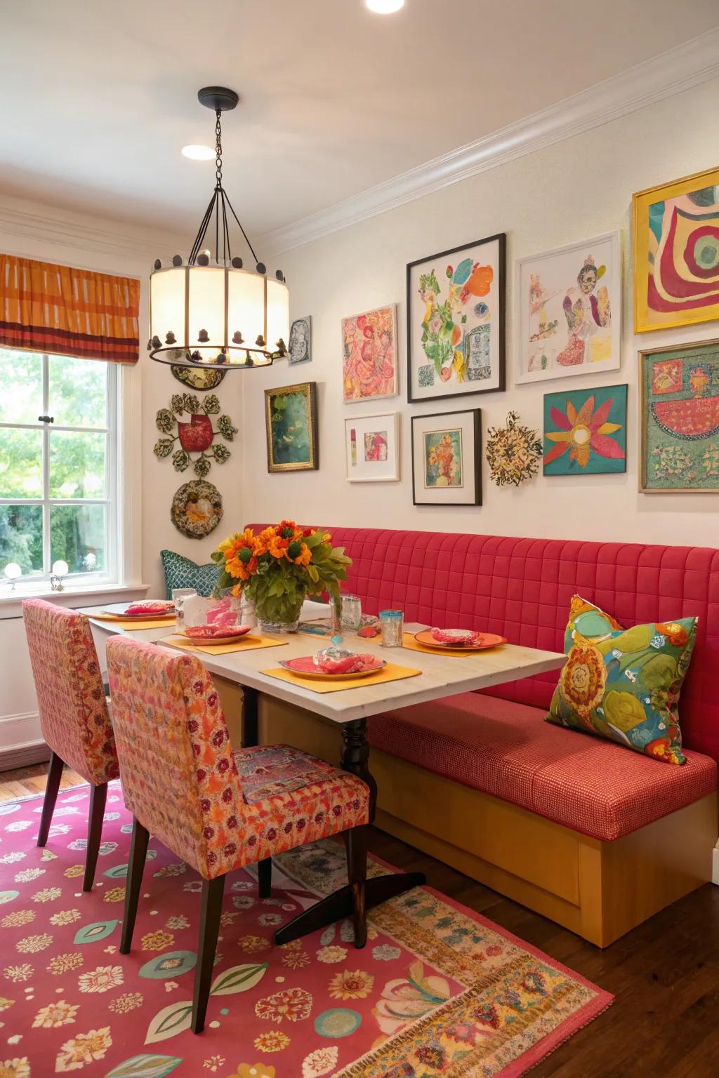 A vibrant dining space with bold-colored banquette seating for a lively atmosphere.