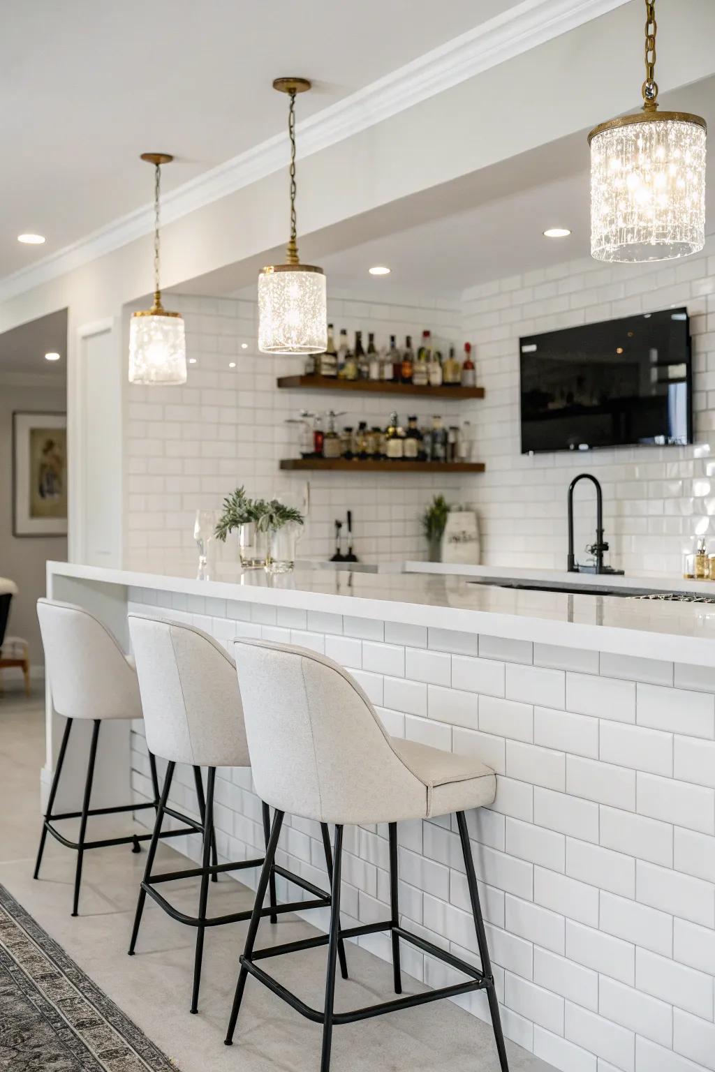 A minimalist home bar with a white tile backsplash and modern decor.