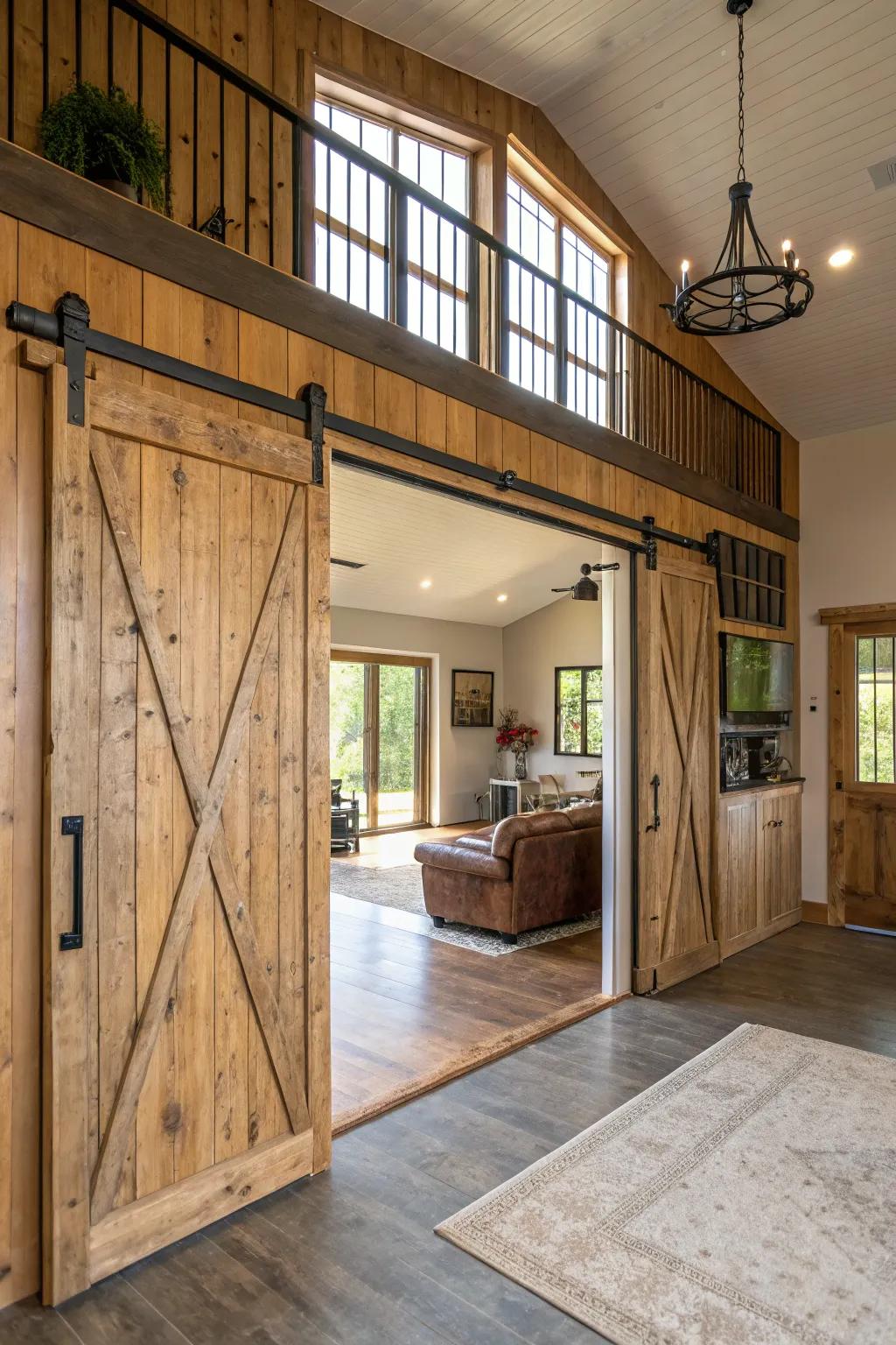 Functional and stylish barn-style doors in this beautifully designed barndominium.