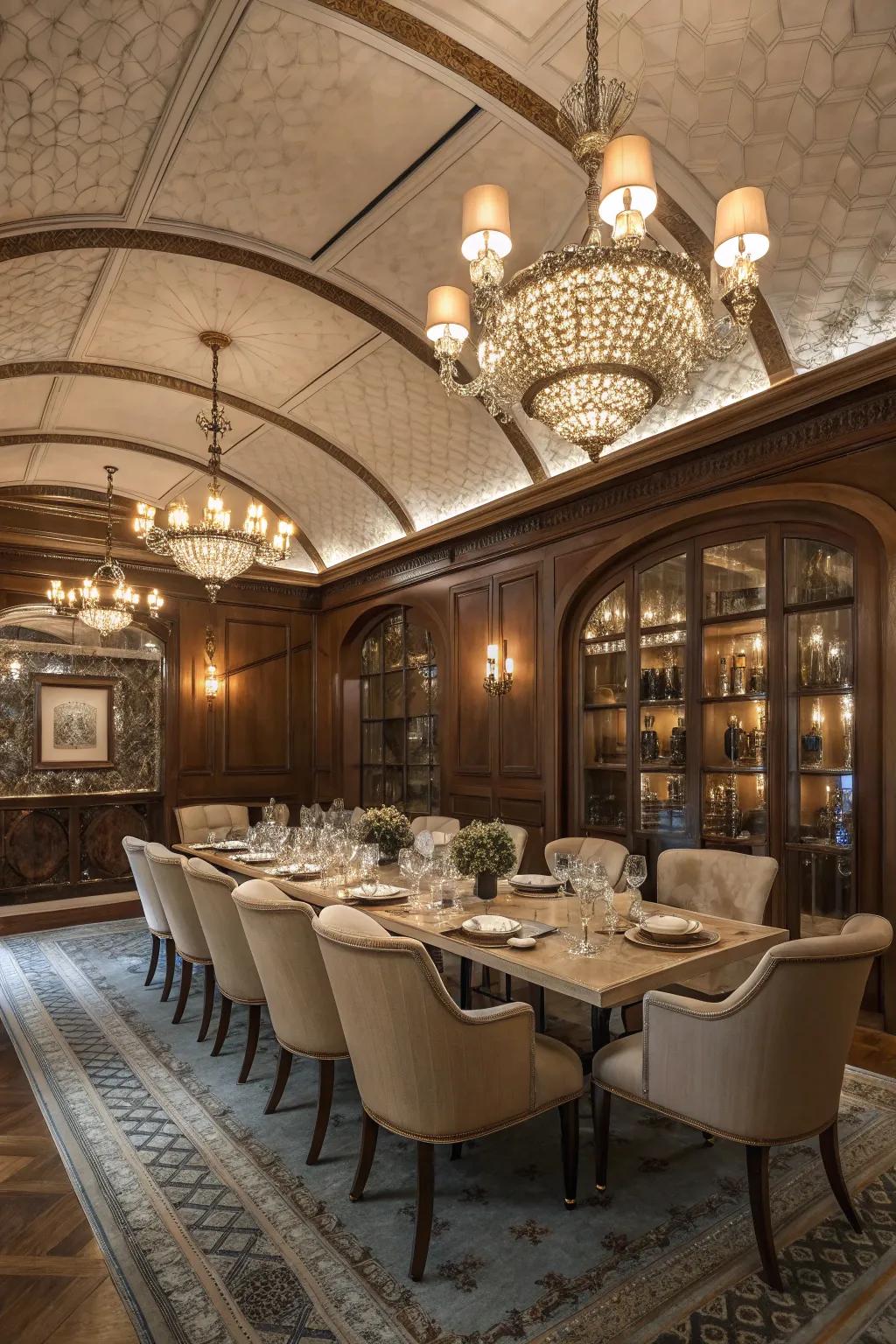 An elegant dining room featuring a sophisticated barrel ceiling.