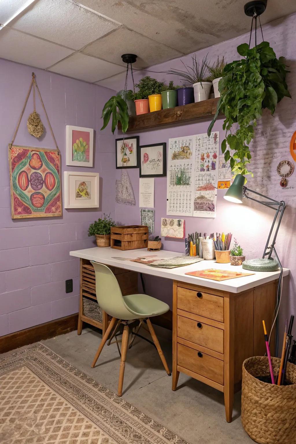 Lavender walls inspire creativity and personal expression.