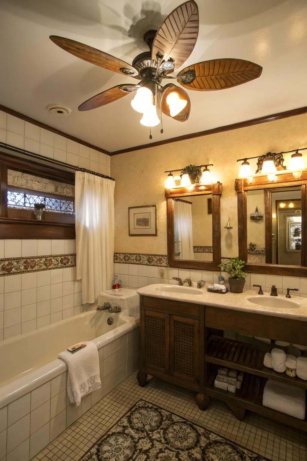 A vintage-style bathroom with a classic ceiling fan and warm lighting.