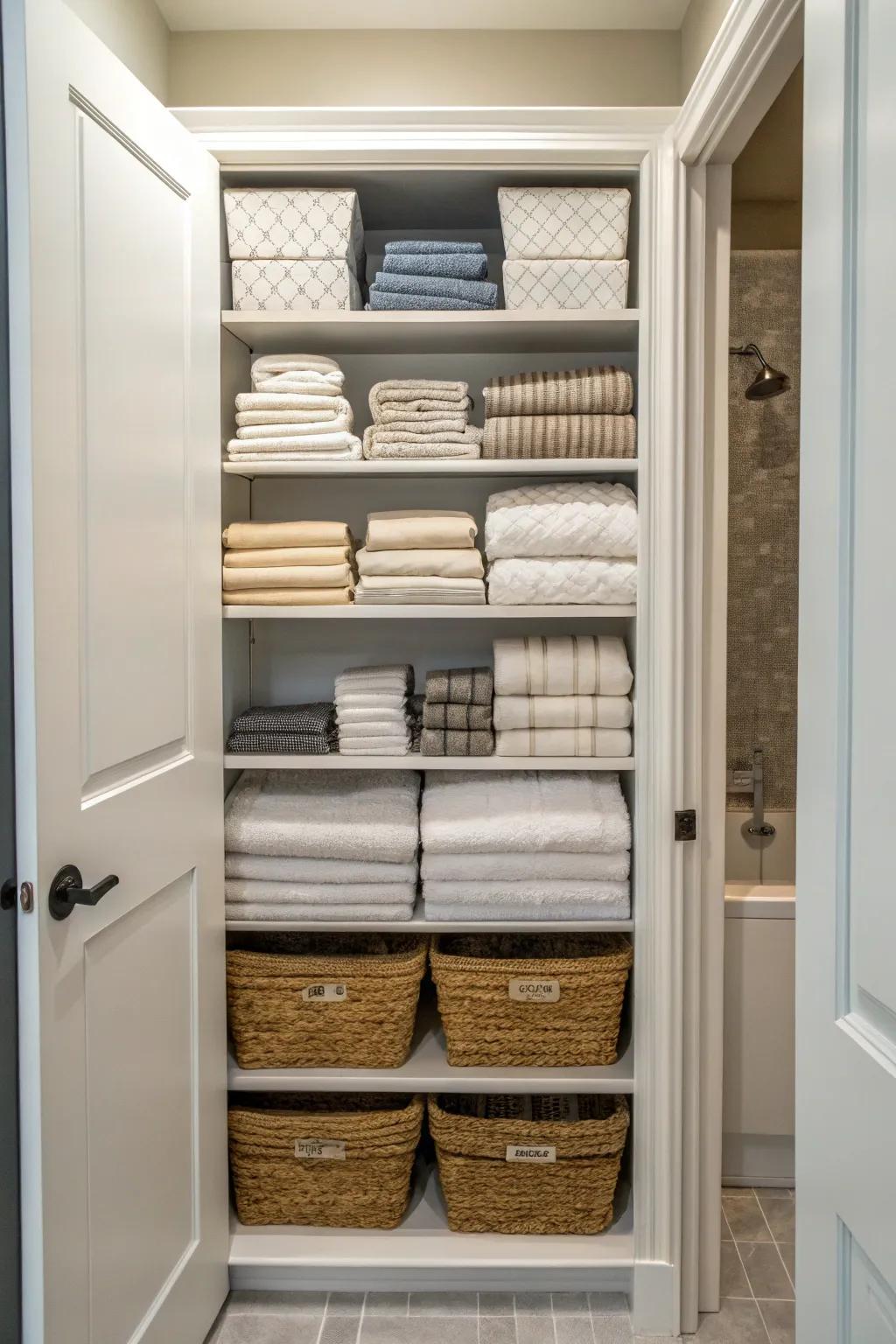 Deep shelves with neatly folded towels and linens for optimal storage.