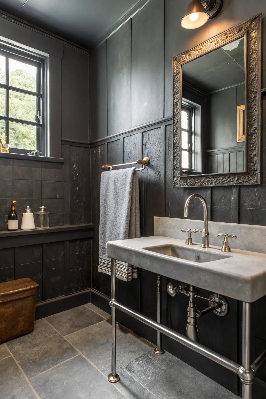 Charcoal walls paired with metal fixtures for an industrial vibe.