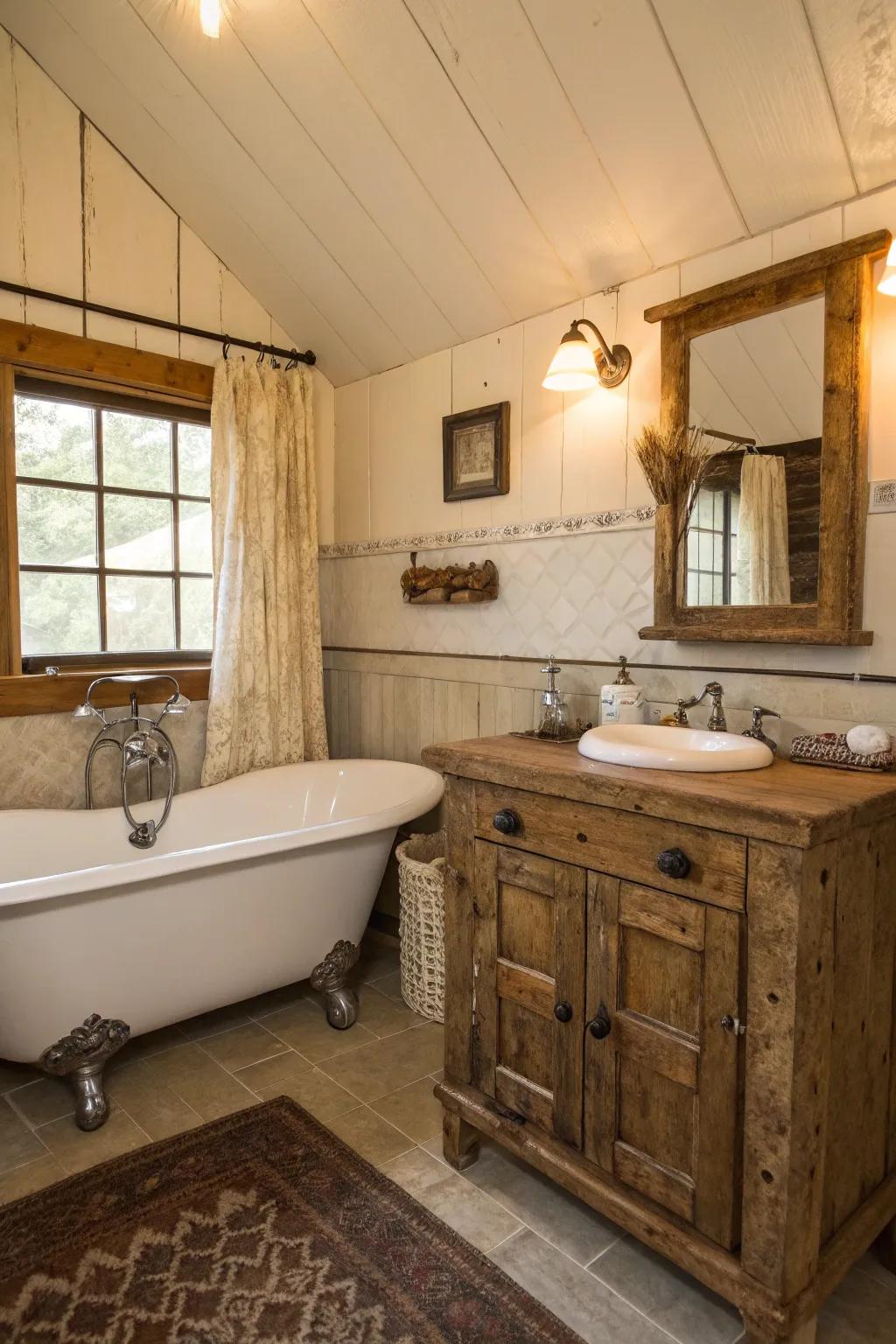 Infuse your bathroom with vintage charm using rustic elements.